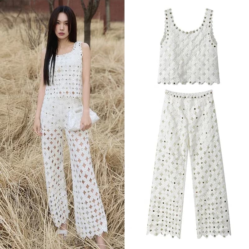 OUDINA Elegantes Vintage Häkel-Zweiteiler – Oberteil & Hose mit weitem Bein
