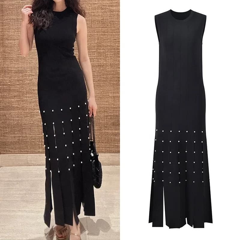 OUDINA Luxus-Casual Quasten-Perlen Ärmelloses Bodycon-Kleid