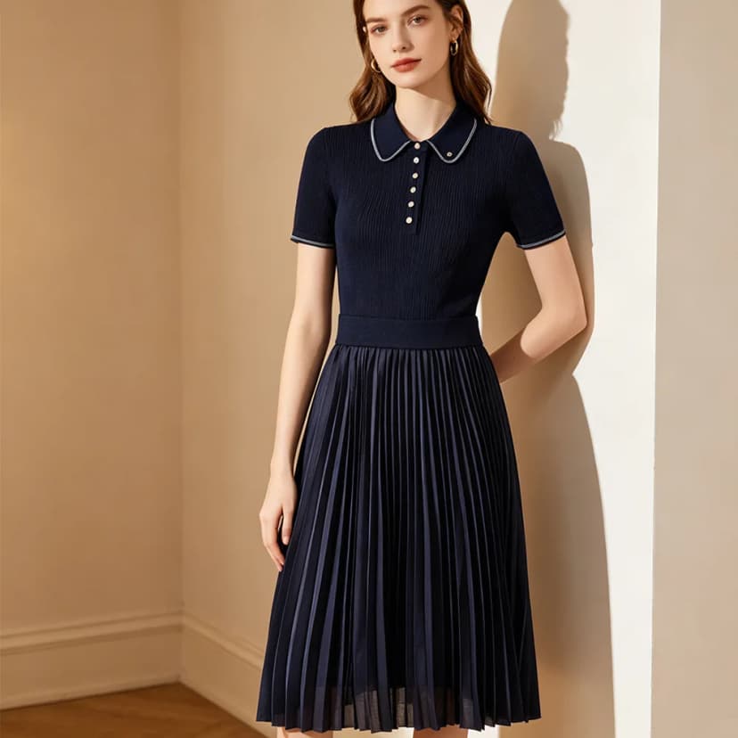 Elegantes plissiertes Polokleid – Kurzarm, High-End-Mode