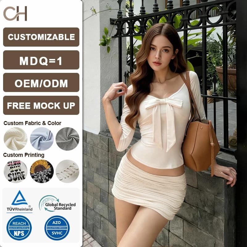 CH Damen Slim-Fit Zweiteiler – Oberteil im Bindedesign & geraffter Minirock